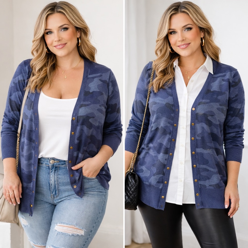 Zenana Outfitters Blue Camo Cardigan
